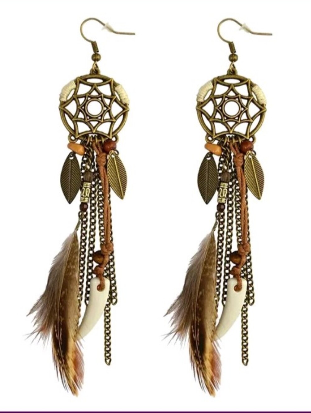 Bohemian Dreamcatcher Feather Dangle Earrings - Brown Gold